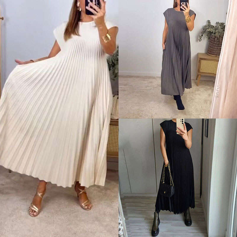 Women's Fashion New Long Fashionable Sexy Solid Color Round Neck Pleated Flared Dress B5