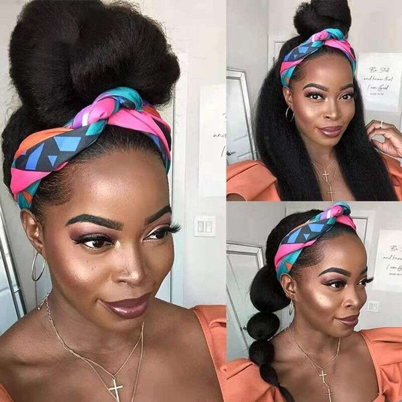 Clip-In Ladies Yaki Black Long Straight Hair Wig Synthetic Fiber Headband Headbandwig