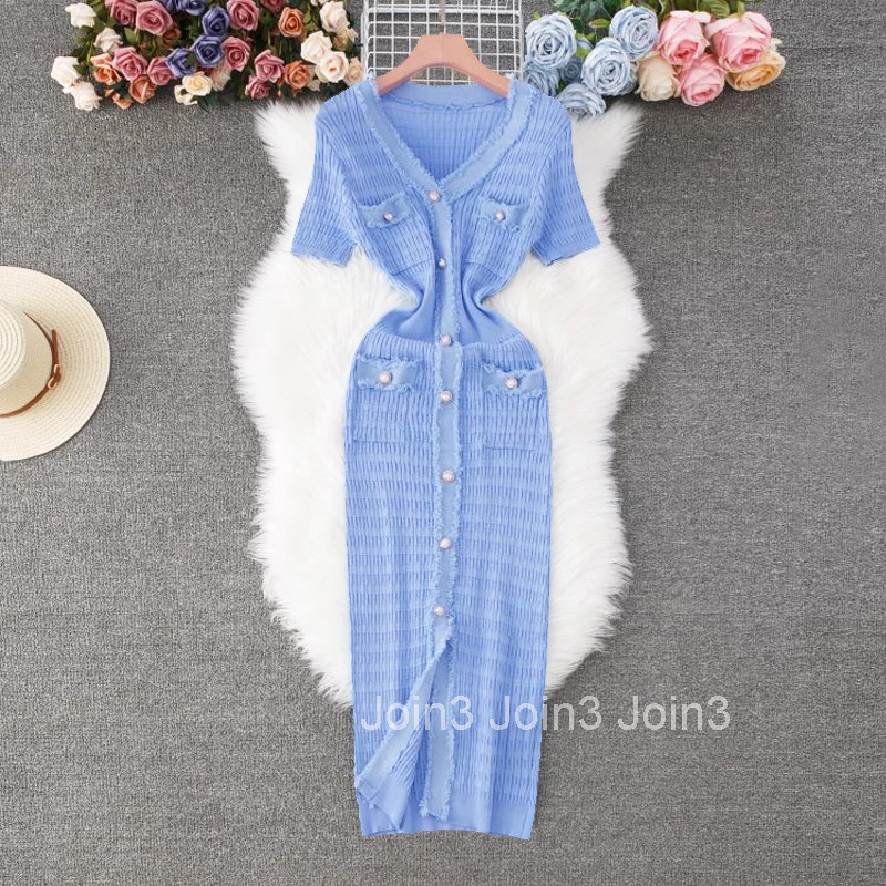 YuooMuoo New Arrival Women Knitted Long Dress Elegant V-neck Single-breasted Split Sweater Dress Office Lady Vestidos