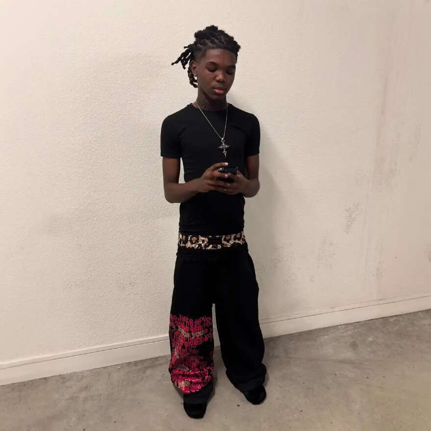 American High Letter Print Double Waistband Casual Pants Men Street Hip Hop Fake Two-Piece Loose Straight Sweatpants