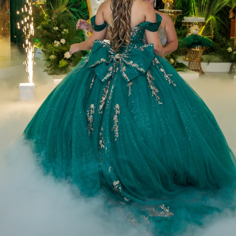 Blackish Green Shiny Quinceanera Dresses Ball Gown Off The Shoulder Applique Lace Beads Bow Tull Party Birthday Sweet 16 Dress Vestidos 15 Anos