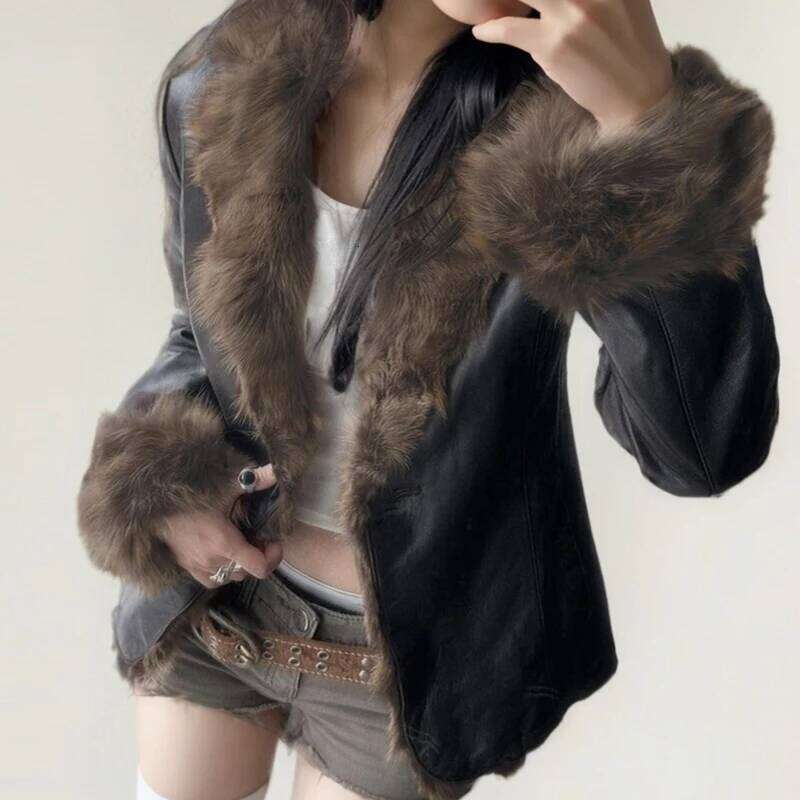 Faux Fur Patchwork Pu Leather Jacket Luxurious Furry Collar Warm Down Coats Winter Chic V-neck Cardigan Thick Outerwear