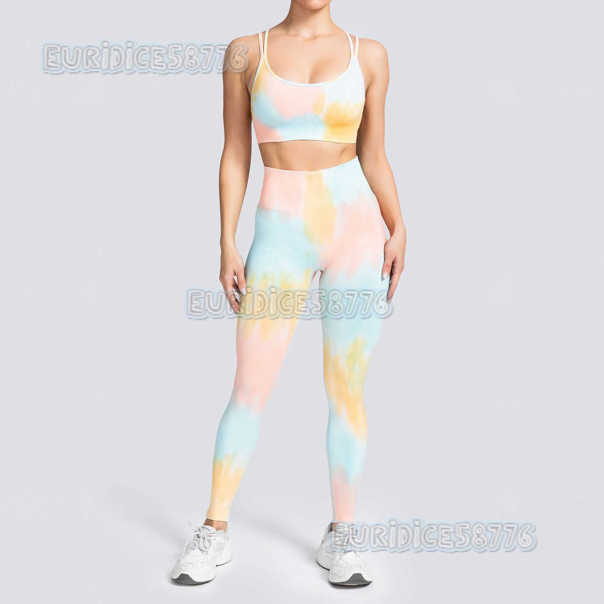 New Seamless Tie-dye Yoga Outfit Sports Set High Waist Hip-lifting Fitness Pants Double Strap Backless Bra Shorts H250806