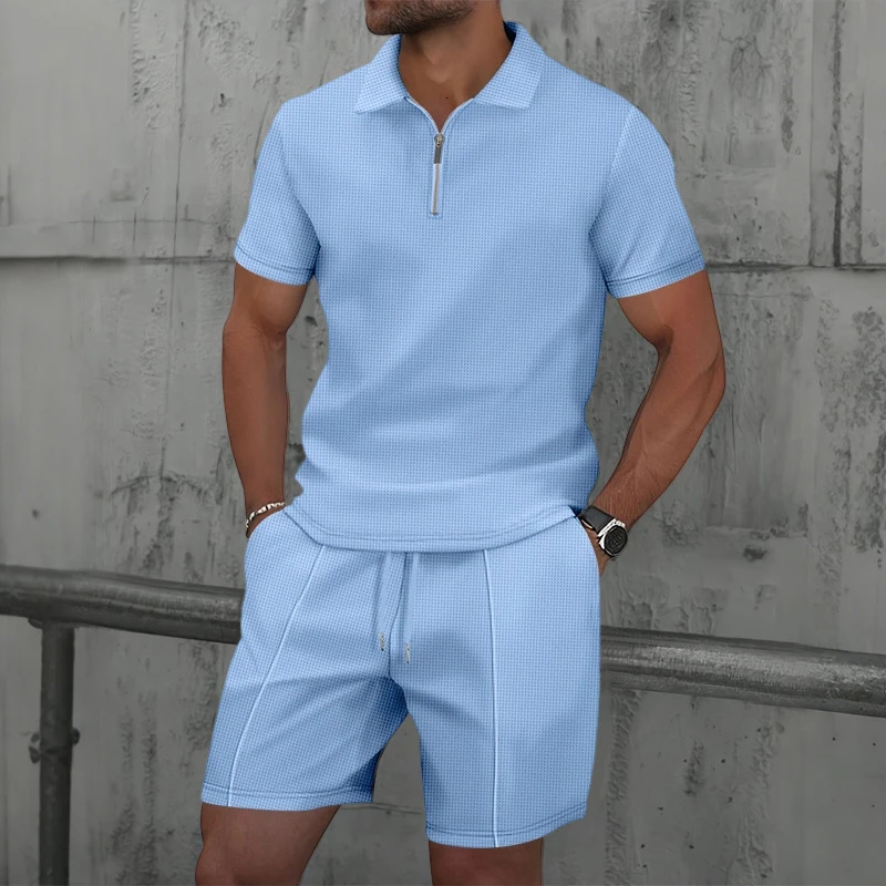 2025 Summer mens Short-sleeved Shorts Set Europe and the United States Waffle Solid Color Zip-up Lapel t-shirt sweatshirt 250805