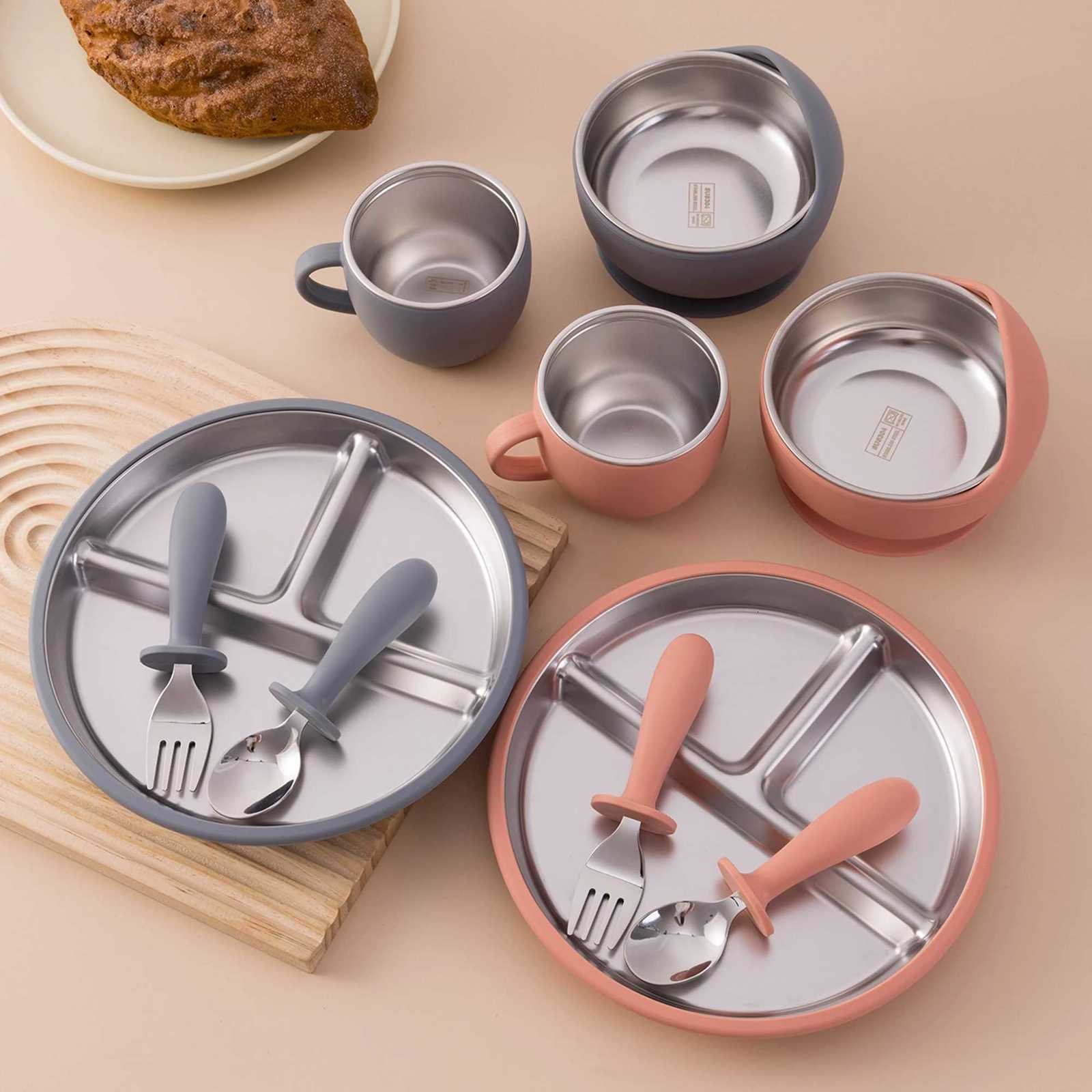 5PCS Stainless Steel Silicone Baby Feeding Set Detachable Dishes Plate BPA Free Infant Training Fork Spoon Bowl Cup Gifts X250806