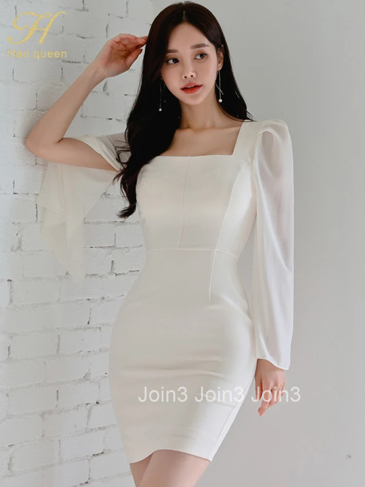 Autumn Vestido Korean Elegant Sexy White Fashion Flare Sleeve Work Party Dress Women Sexy Sheath Pencil Dresses