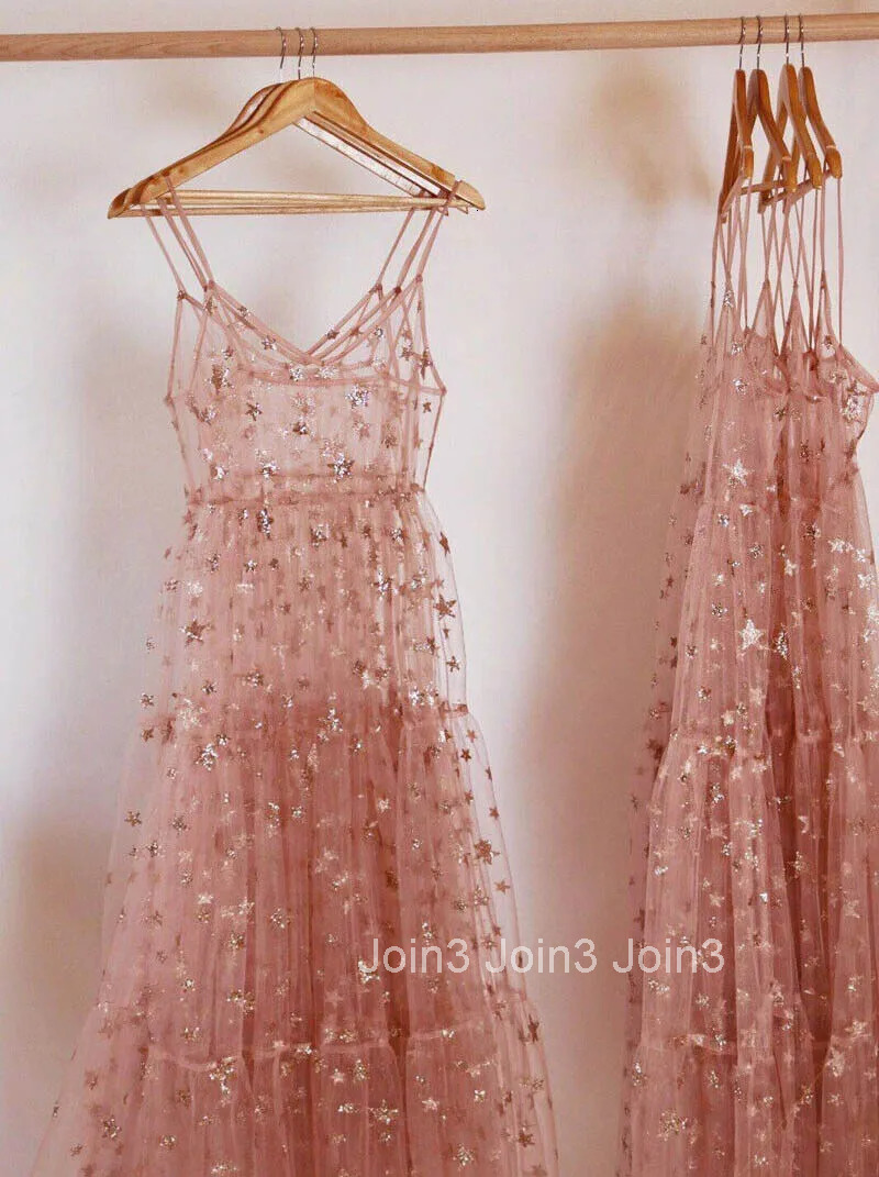 Straps Tulle Dresses Women Long Maxi Dresses Fashion Bling See Through V-neck Party Dresses For Women