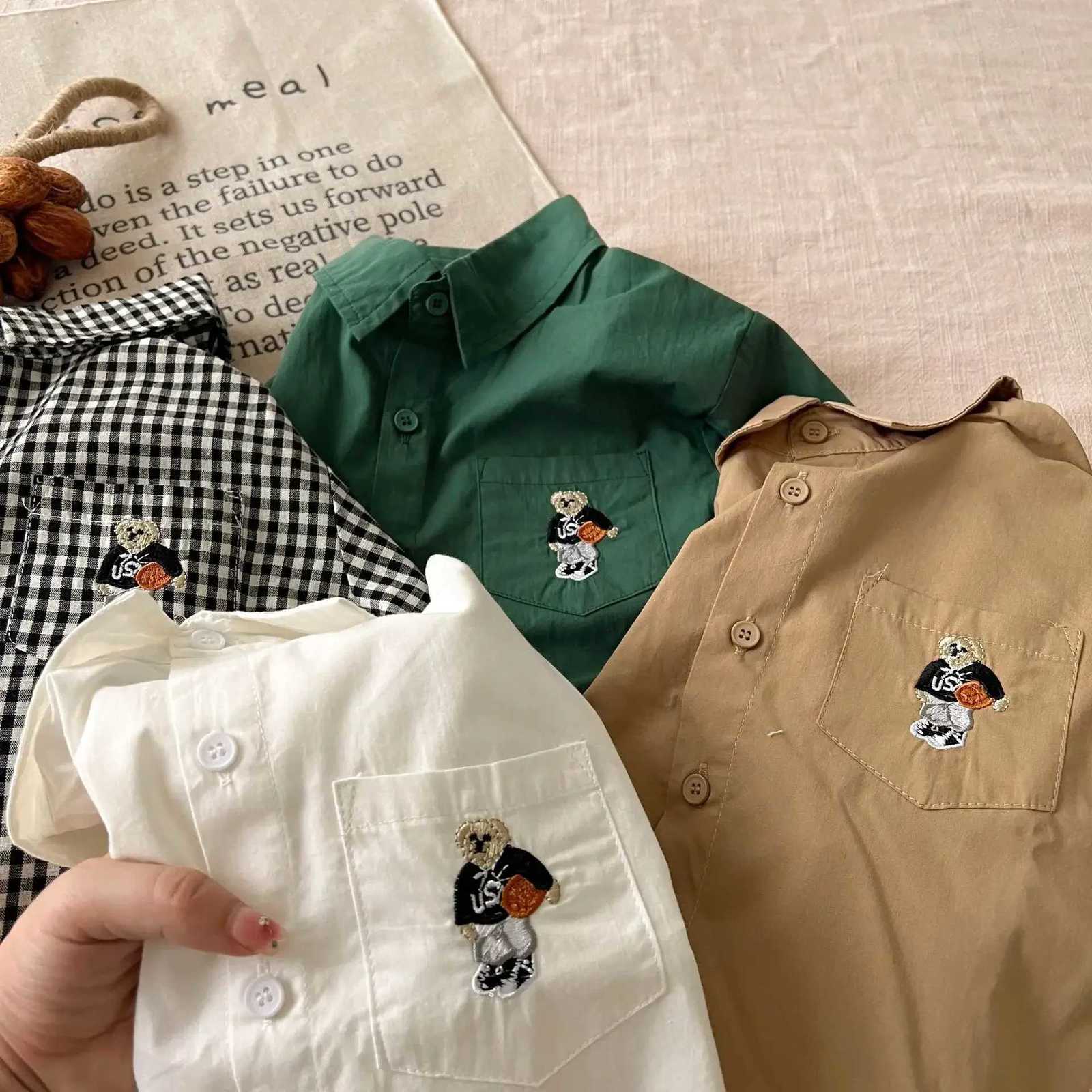 Childrens White Shirt Autumn 2024 New Boys Girls Korean Version Little Bear Embroidered Long-sleeved Plaid Lapel Shirt Trend X250806