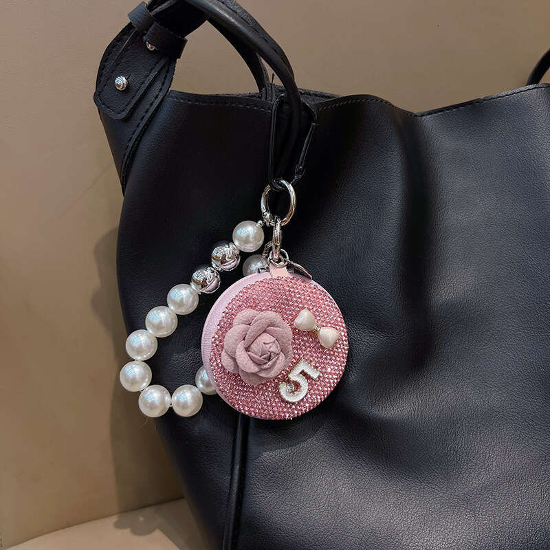 DHpet_wholesale Glamorous Camellia Mirror Keychain - Crystal-Studded Compact Mirror with Beaded Chain, Korean Style Bag Charm Gift (103g)
