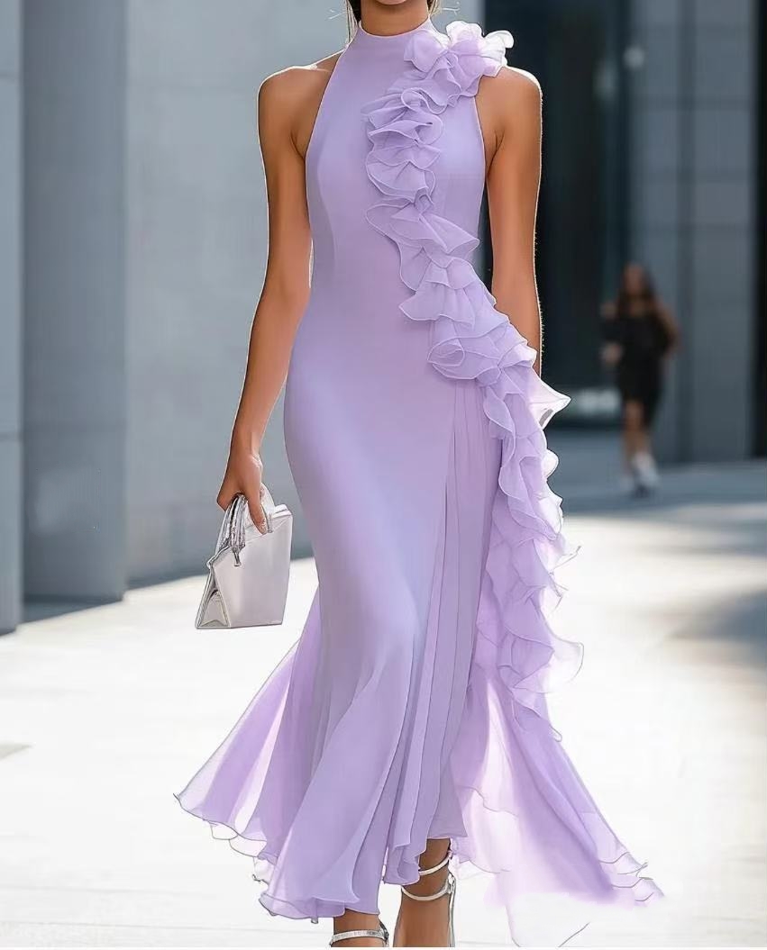 Lilac Chiffon Ruffles Prom Dresses Sleeveless Pleats Ankle Length Evening Gown Special Occasion Wear