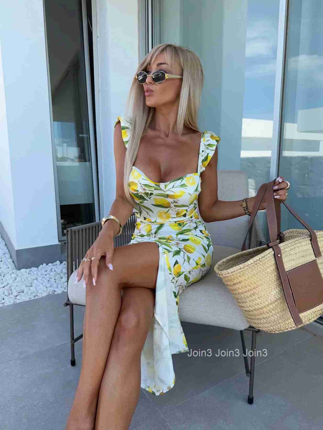 New European and American summer elegant design French lemon suspender slit midi-length ladies dress
