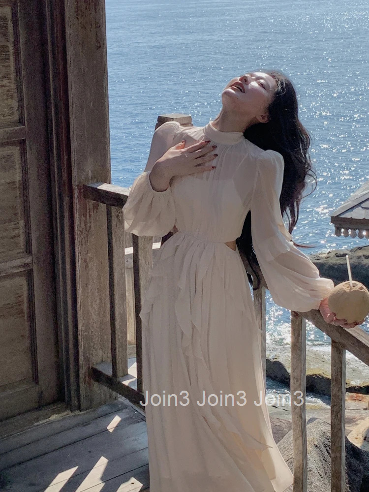 Beach Style Chiffon Y2k Mini Dress Office Lady Casual Long Sleeve Elegant One Piece Dress Korean Fashion Clothing Summer