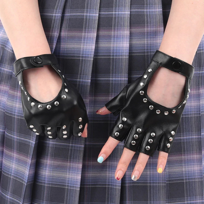Black Gothic Rivets Fingerless Gloves Semi-Fingers Breathable Driving Men Women Pu Leather Punk Gloves Halloween Dance Gloves 250806