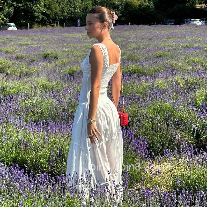 Candyhot Elegant Square-neck White Maxi Dress Casual Summer Slim Lace Up Sleeveless Dreses French Party Beachwear Vestidos