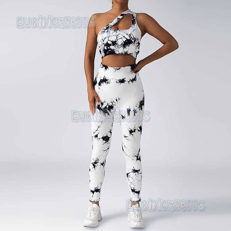 Seamless Knitted Tie-dye Yoga Hip Lift High Waist Elastic Sports Running Bra Set with Chest Pads H250806