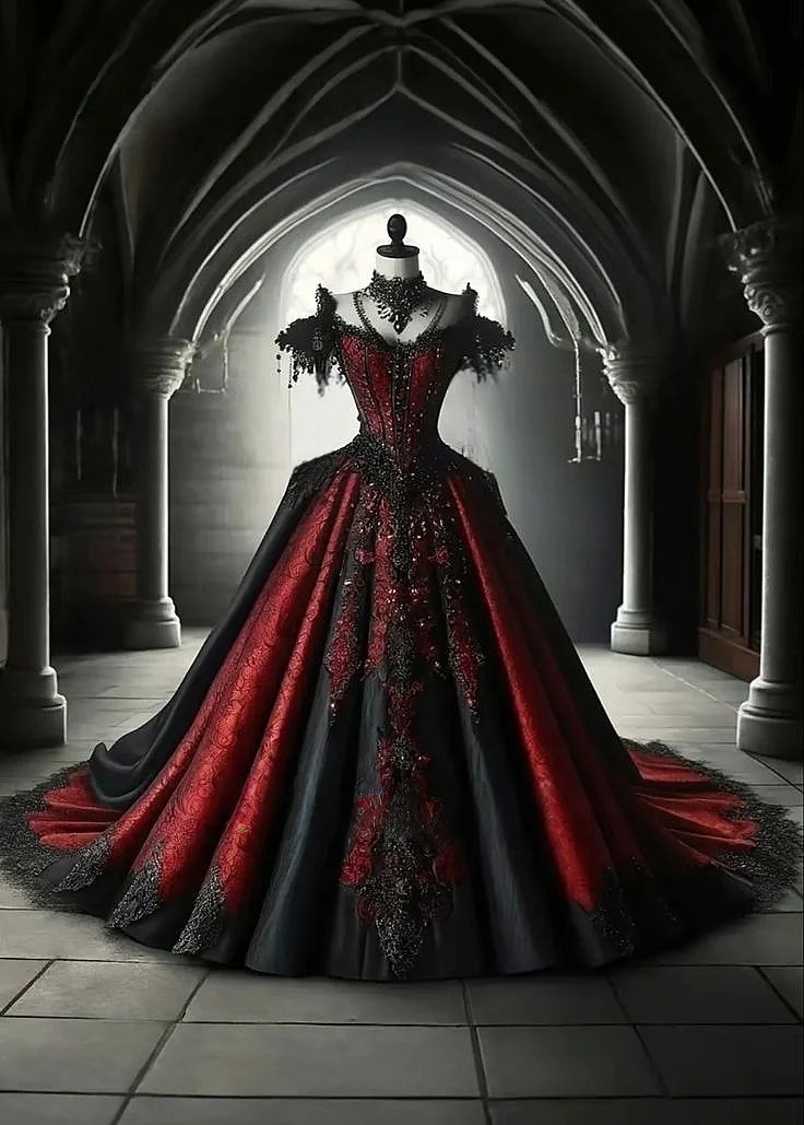 Retro Gothic Wedding Dress Black And Dark Red Vintage Bridal Gown Lace Appliques Beaded Corset Vestido De Novia