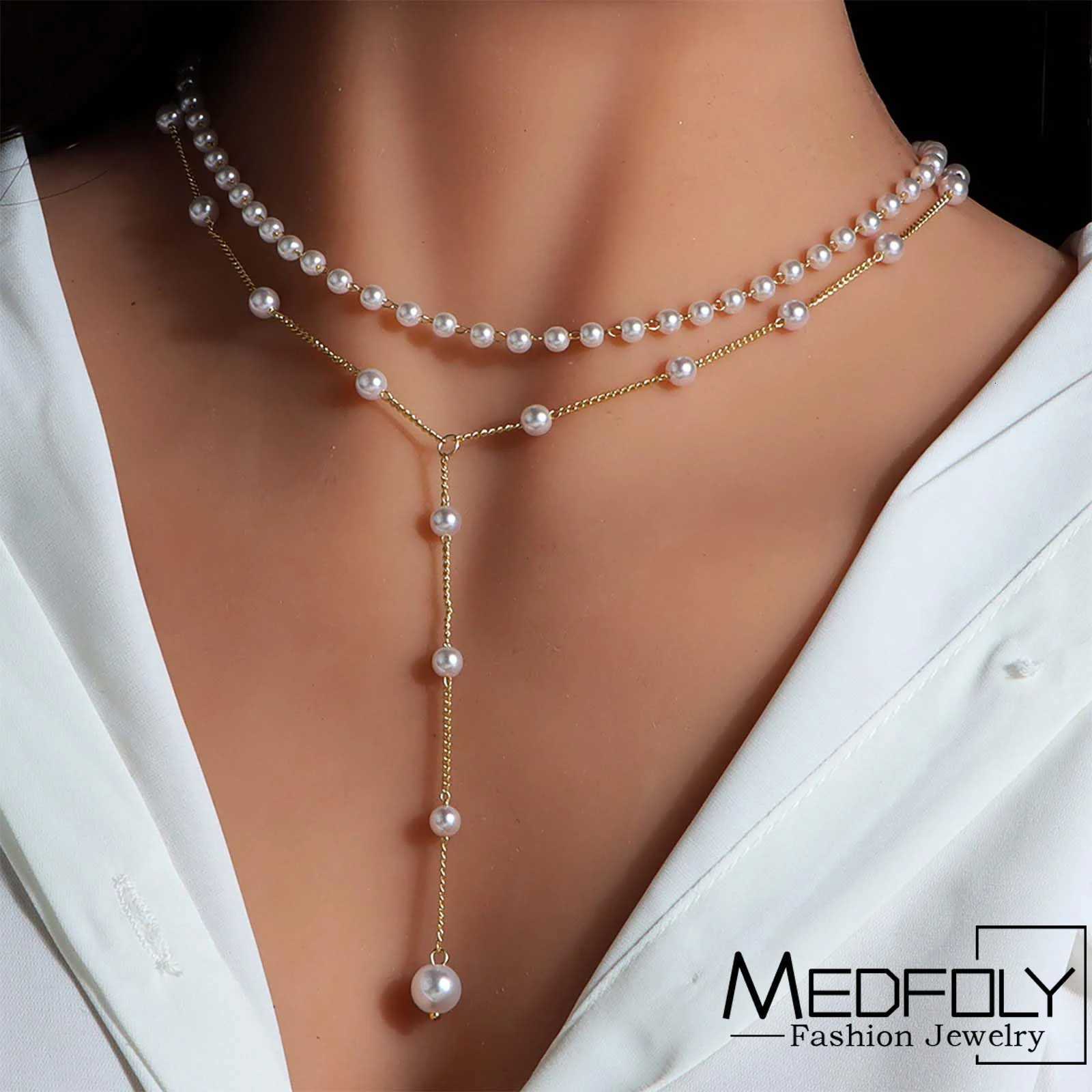MEDFOLY Vintage Pearl Y Lariat Necklace for Women Gold Plated Anti-allergy Long Pearl Pendant Neck Chain Charm Jewelry Gift Y250805