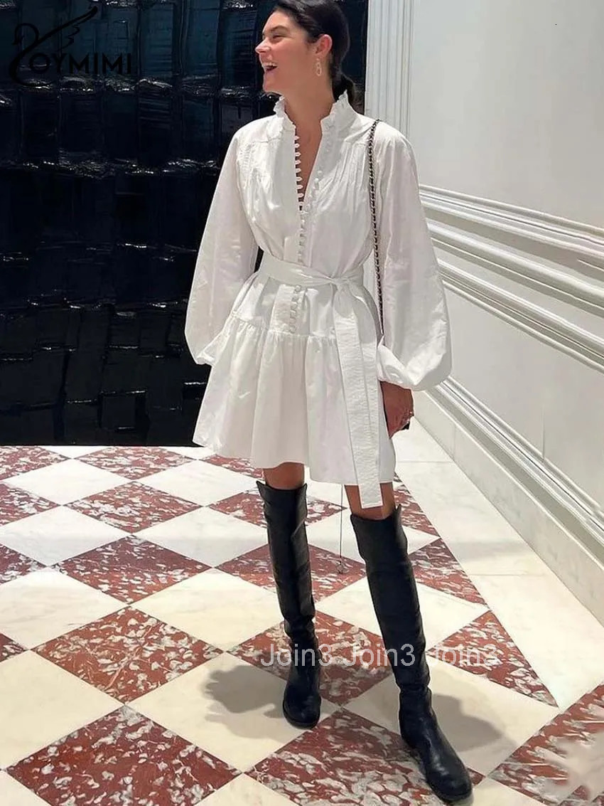 Elegant White Cotton Womens Dress Casual Ruffled Collar Long Sleeve Single Breasted Dresses Fashion Lace-Up Mini Dresses