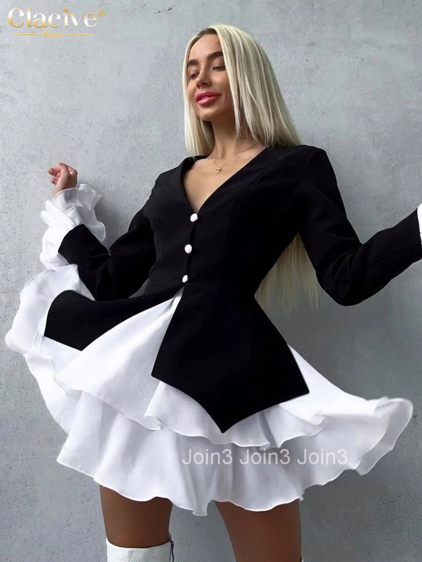 Clacive Fashion Loose Black Patchwork Women Dress Sexy V-Neck Long Sleeve Mini Dresses Elegant Classic Pleated Female Dress