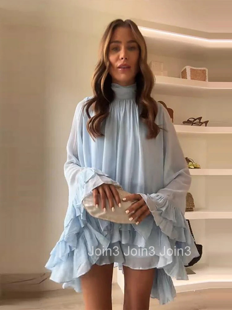 Elegant Mini Dress Women Pleated Multi Layers Ruffles High Collar Long Flare Sleeve Dresses Spring Summer Lady Party Robes