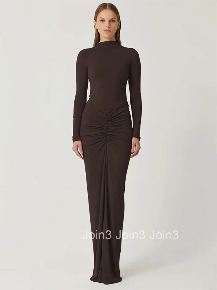 Autumn Women Dresses New Streetwear Solid Sexy Fashion Folds O-Neck Long Sleeves Casual Slim Maxi Dresses Elegant Knitted Dress