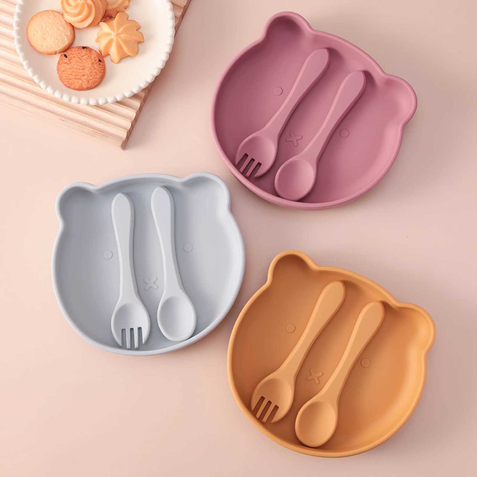 3PCS Color Kids Food Grade Silicone Dishes Plates Set Non-Slip Cartoon Bear Bowl Training Utensils BPA Free Baby Essentials X2508061