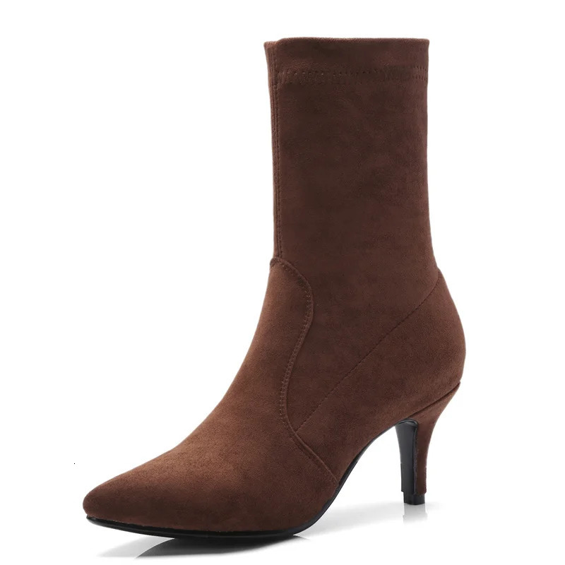 Flock Ankle Boots For Women Spring Shoes Black Gray Short Socks Boot Autumn Fashion Heels Party Dance Shoes Ladies Large Size 250805