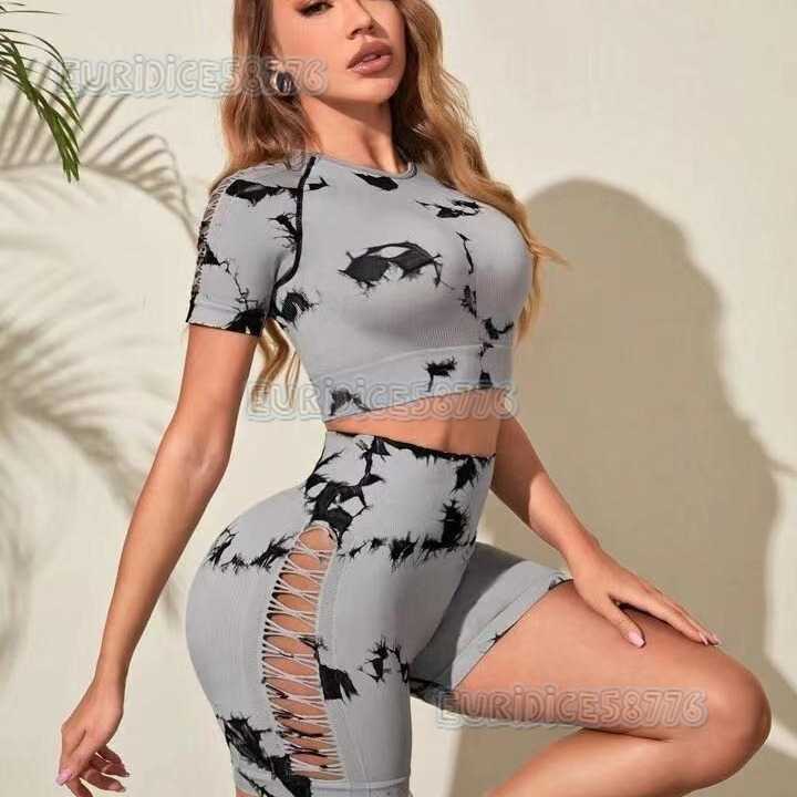 Side Hollow Out Short Sleeve Shorts Long Sleeve Long Pants Tie Dye 4-piece Set Women Outdoor Sports Fitness Yoga Outfit H250806