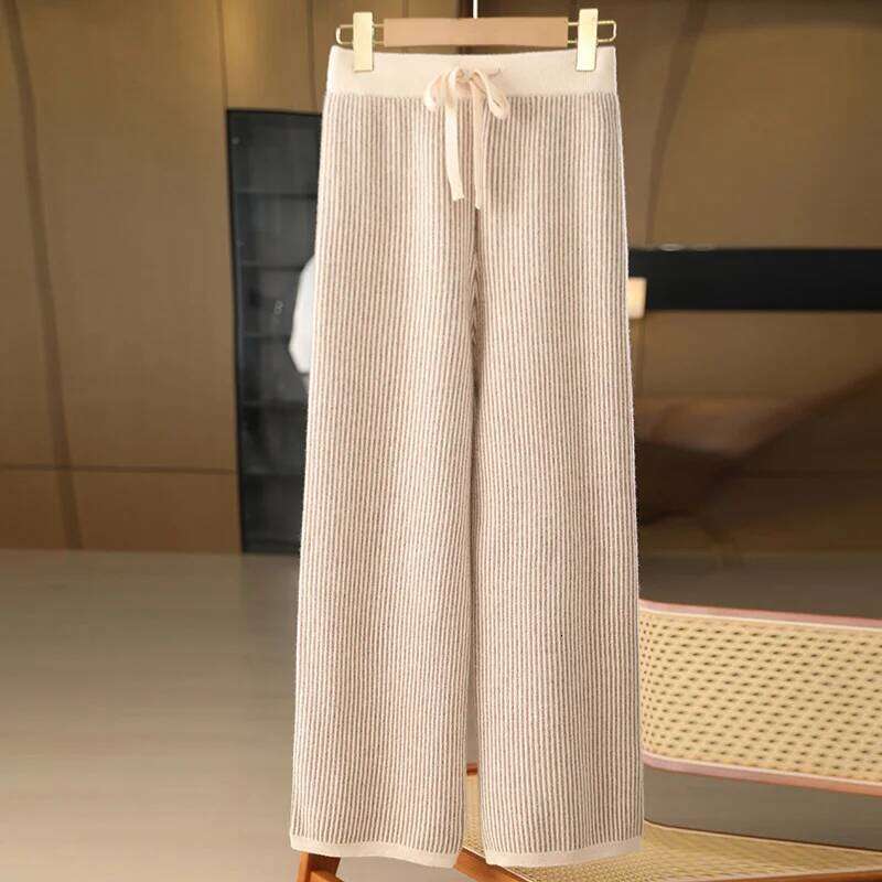 100% Merino Wool Women's Knitted Trousers, Fashionable, Warm, Vertical Stripe Pattern, Wide-Leg Pants, New Autumn And Winter 24 250806