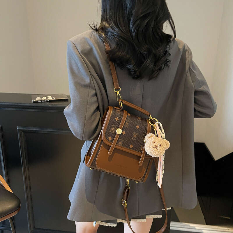 Chic Patterned Mini Backpack with Teddy Charm - Adjustable Straps, Multiple Compartments, Ideal for Teen Girls and Young Women