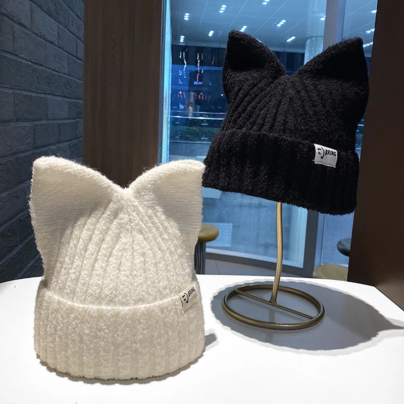 Cute Cat Ears Beanies For Women Autumn And Winter Warm Ear Protection Sweet Versatile Pullover Knitted Hats 250806