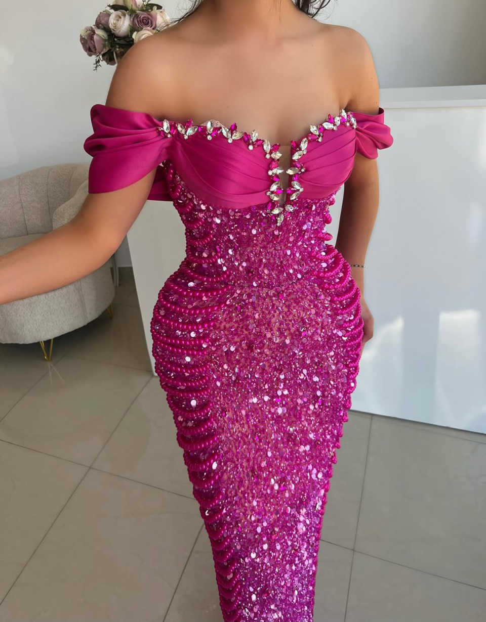 Fashion Mermaid Prom Dress Crystal Beading Off Shoulder Sequined Evening Gowns Formal Party Second Reception Birthday Robes Customized