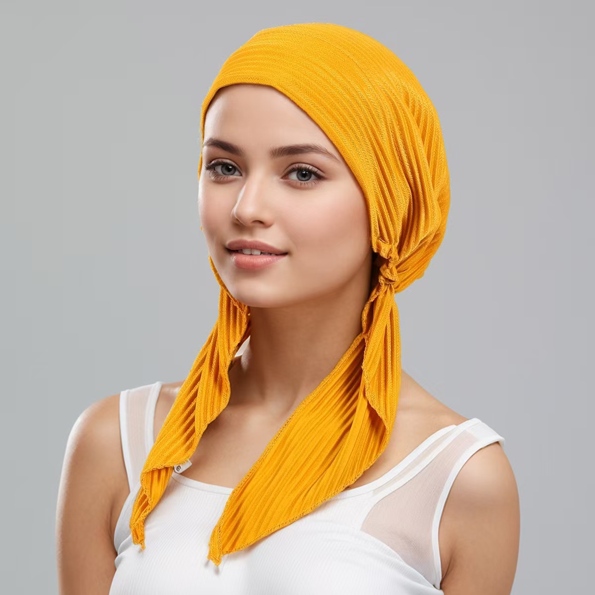 T1403 elastic pleated fabric headscarf with elastic adjustment, comfortable and breathable long tail hat