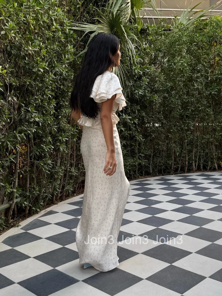 Elegant Floral Printed Ruffle Hem Dress Womens Chic V-neck High Waist Slim Fit Long Dresses Summer Holiday Vestidos