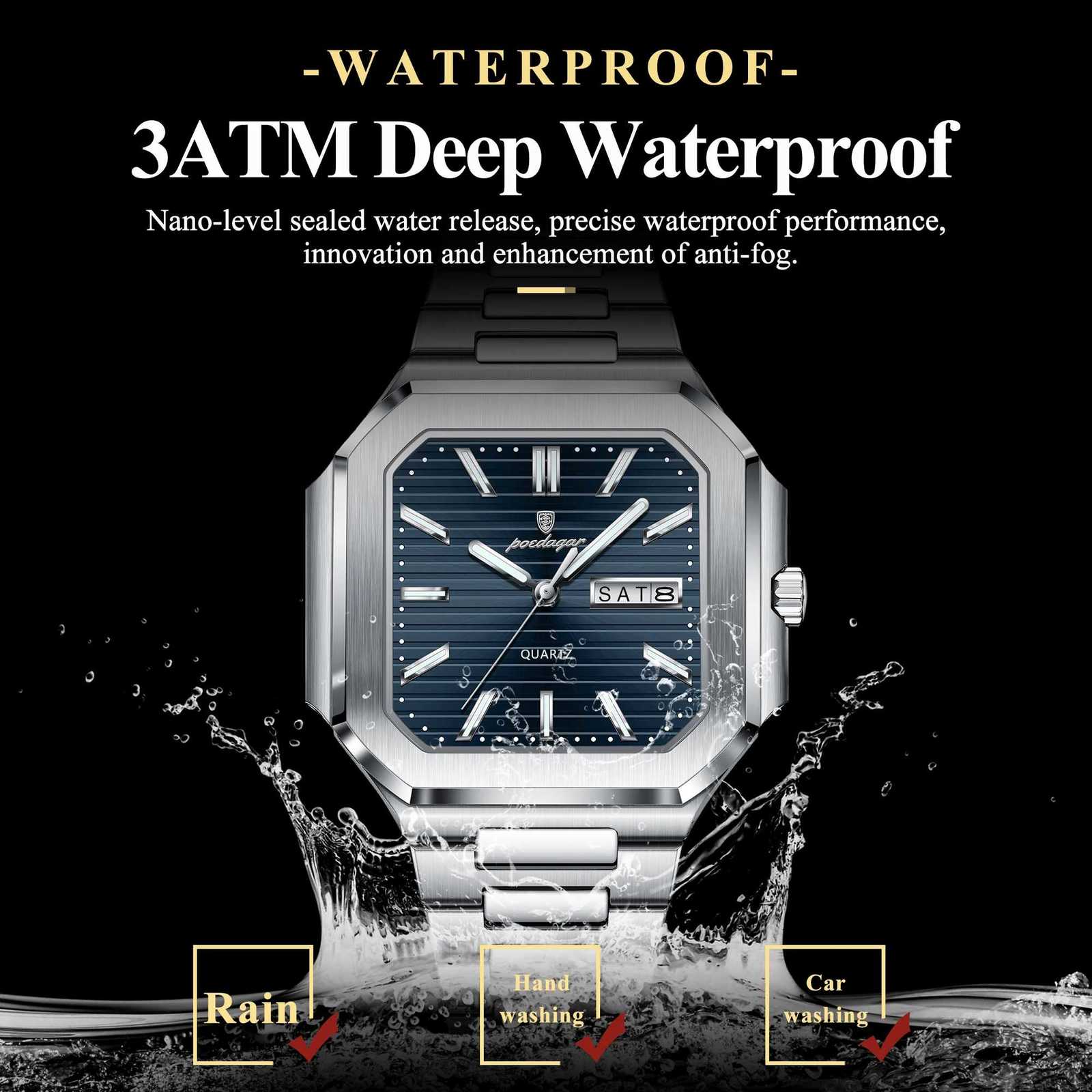 POEDAGAR Luxury Square Fashion Mens Wrist Waterproof Luminous Date Week Quartz Mens Stainless Steel Watch W250806
