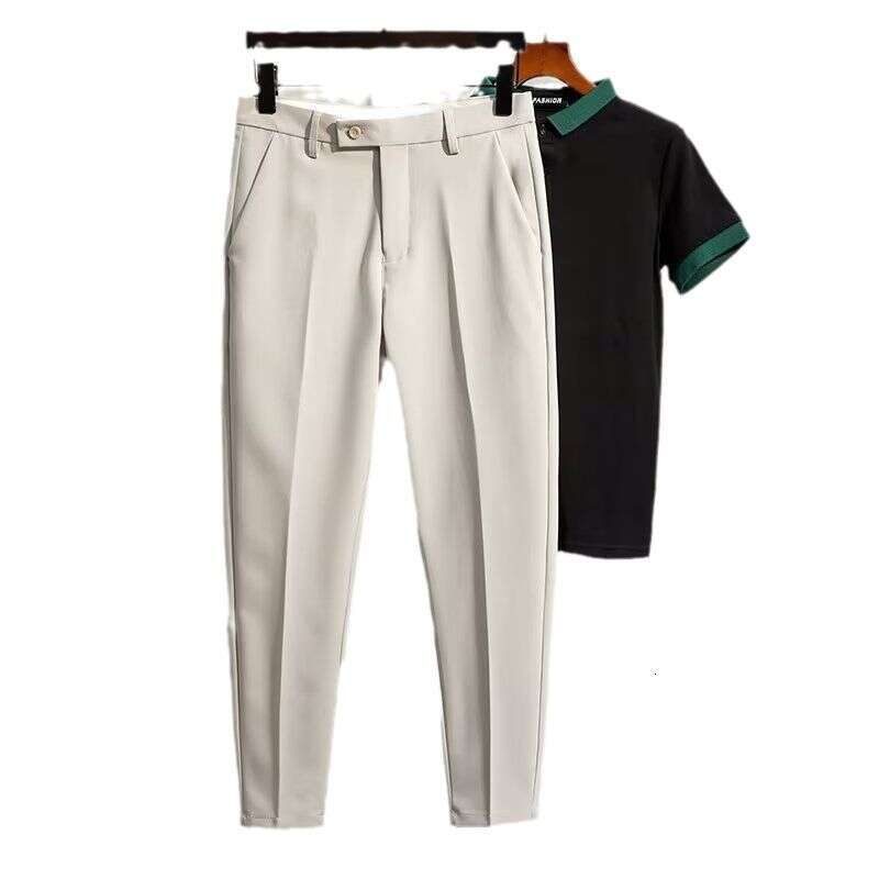 Koshi Men's Summer Slim Straight 9 Cropped Business Casual Small Foot Trousers Loose Drape Suit Pants