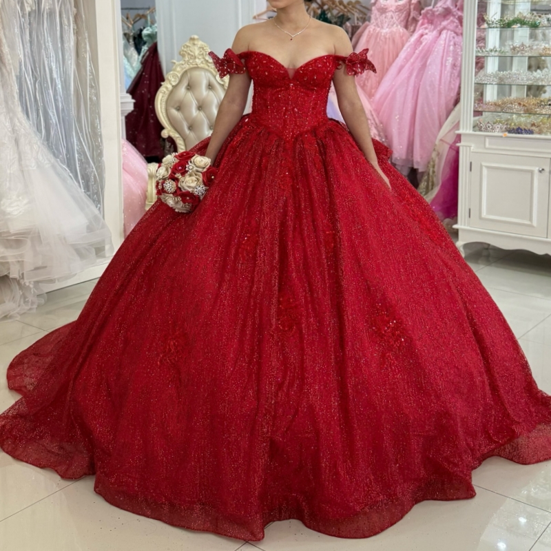 Red Shiny Quinceanera Dresses Off The Shoulder Sequin Applique Beads Bow Tull Ball Gown Vestidos De 15 Anos Sweet 16 Dress
