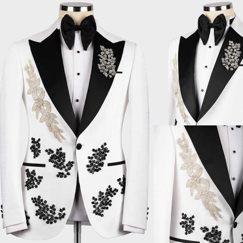 Stylish 3 Pieces Men Suits Single Breasted Peaked Lapel Tuxedos Appliques Classic Fit Prom Male Party Jacket Blazers Customized