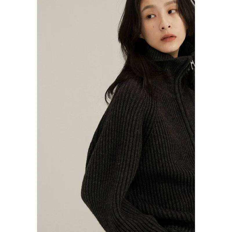 European Station Double Zipper 100% Pure Cashmere Coat Women's Half Open Large Lapel Black Knit Sweater Cardigan 250806