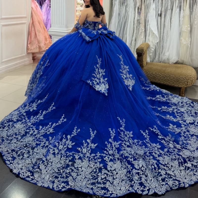 Royal Blue Shiny Quinceanera Dresses Off The Shoulder Sequin Applique Lace Beading Bow Tull Ball Gown Vestidos De 15 Anos Sweet 16 Dress