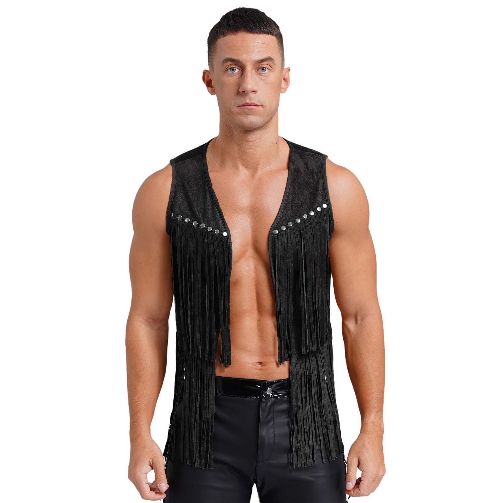 Mens Western Cowboy Vintage Faux Suede Tassel Vest Tops Open Front Rivets Fringe Waistcoat Jacket Festival Rave Party Clubwear 250805