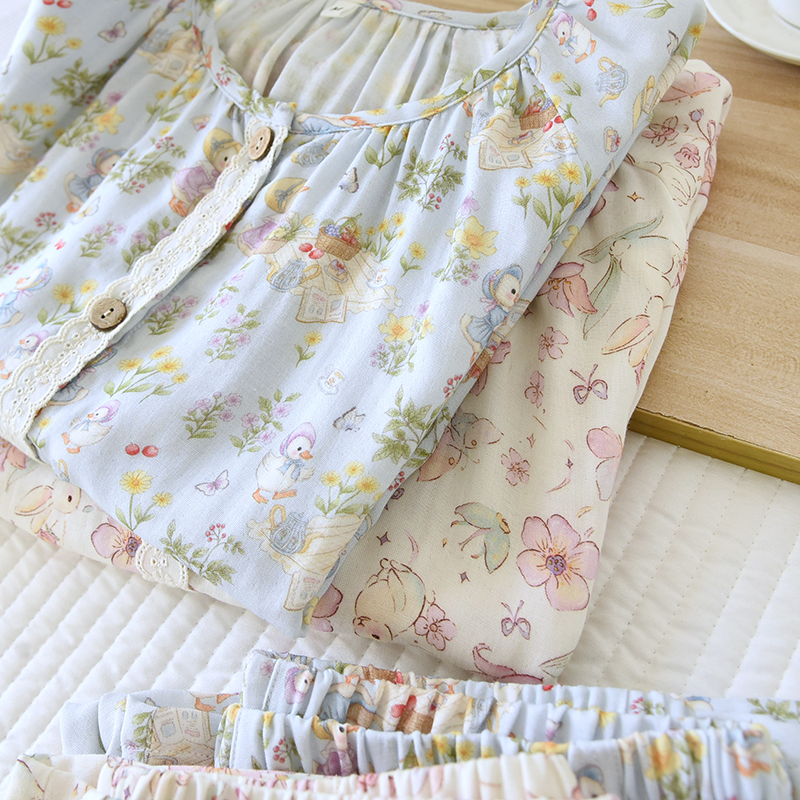 Spring and summer cotton double-layer gauze pajama set for home wear, soft digital printed breathable cartoon home wear set