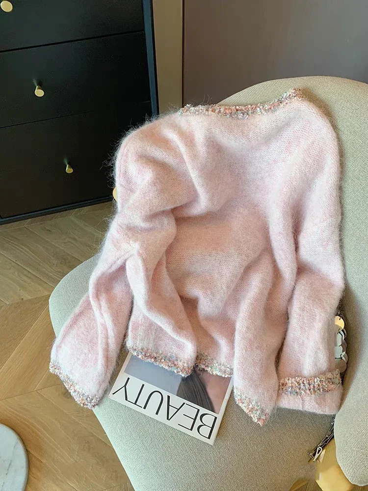 Contrast Knitted Sweater Woman 2025 Outerwears Casual Loose Round Neck Pullovers Sweet Lazy Ropa Mujer Autumn Winter Clothes 250804