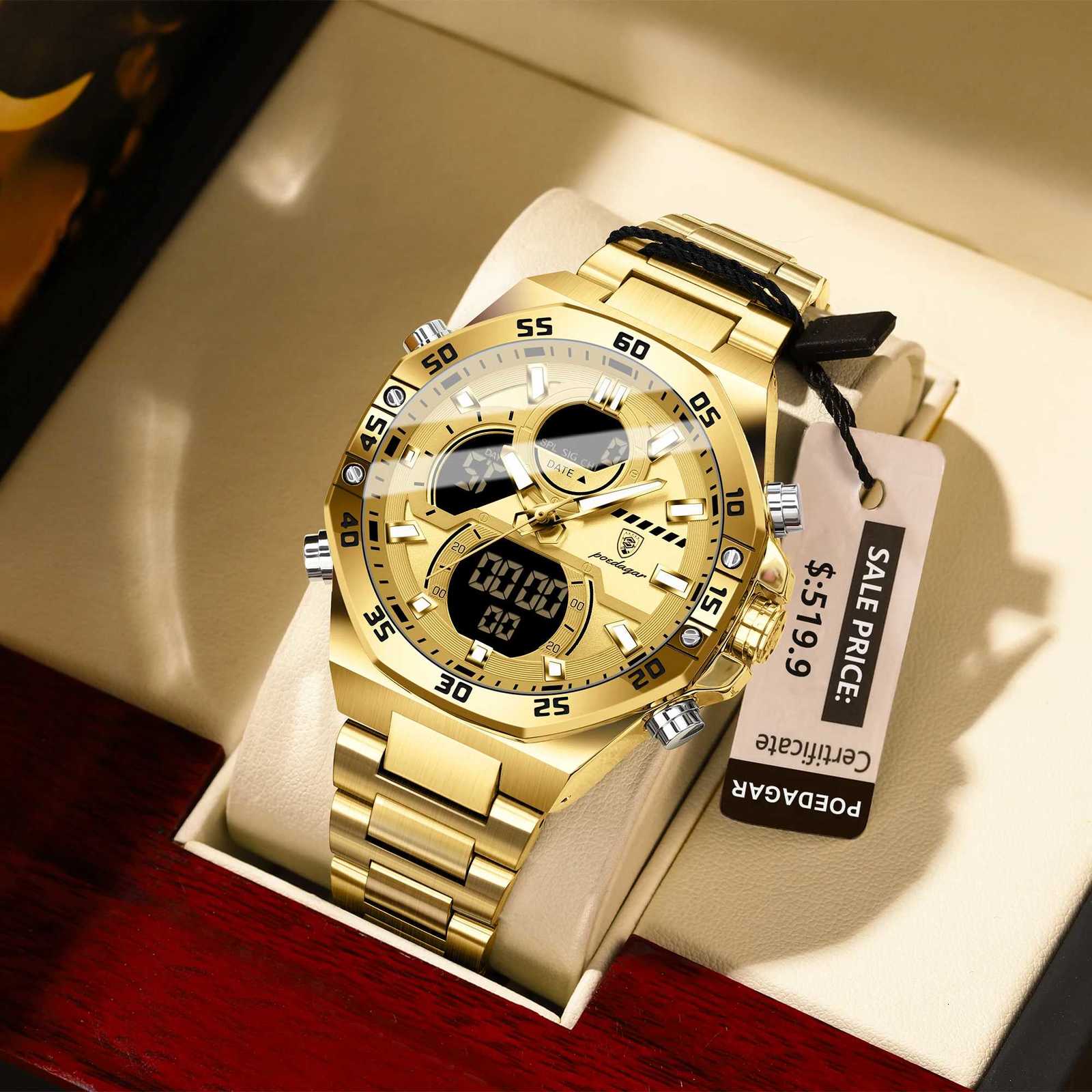 POEDAGAR New Mens Clock LED Luminous Waterproof Week Date Military Mens Electronic Wristwatch Stainless Steel Quartz Mens W250806