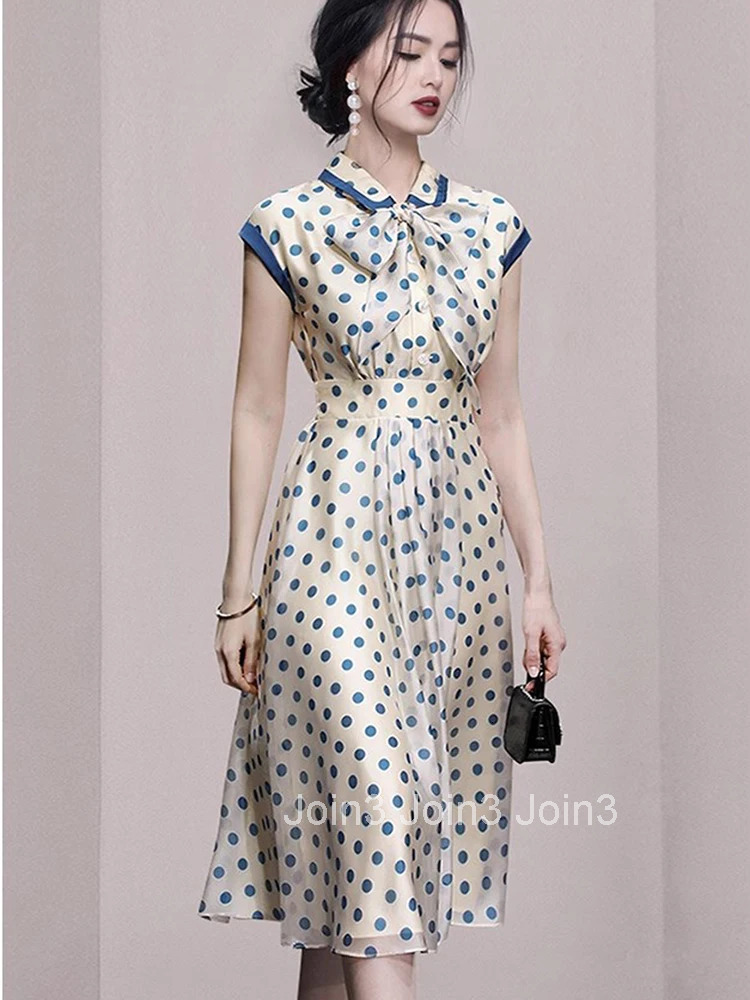 Fashion Temperament Dresses For Women Polka Dot Print Short Sleeve Summer Bowknot Slim A-Line Knee Length Party Dress Vestidos