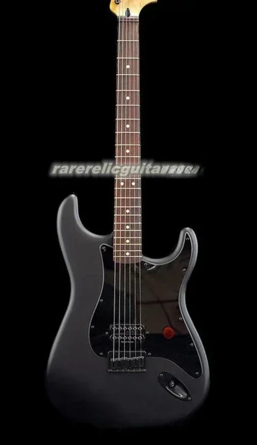 Custom Tom Delonge Satin Black Guitar, Red Button, Engraved Neck Plate, Hardtail Bridge