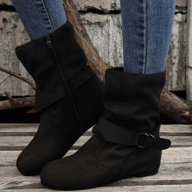 Leisure Ankle Boots Simple Commuting Round Toe Leather Boots Flat Bottomed Belt Buckle Womens Shoes Zapatos De Mujer 250805