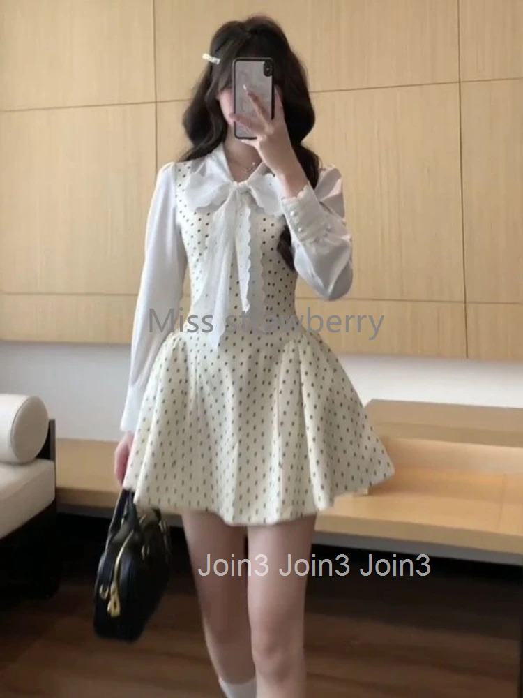 France High Street Elegant Slim Dress Women Design Chic Long Sleeve Bow Polka Dot Sweet Dresses Casual Patchwork Pretty Outfits