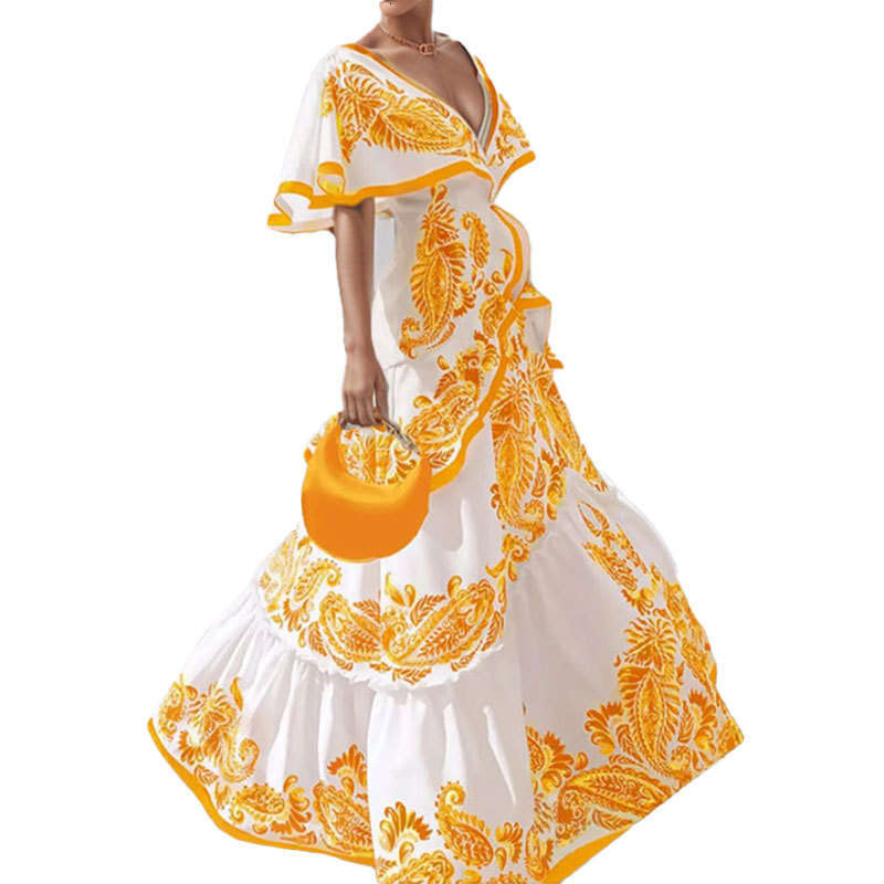 Spring New Women's Fashion Pastoral Style V-Neck Waist-Cinching Flared Printed Dress B5