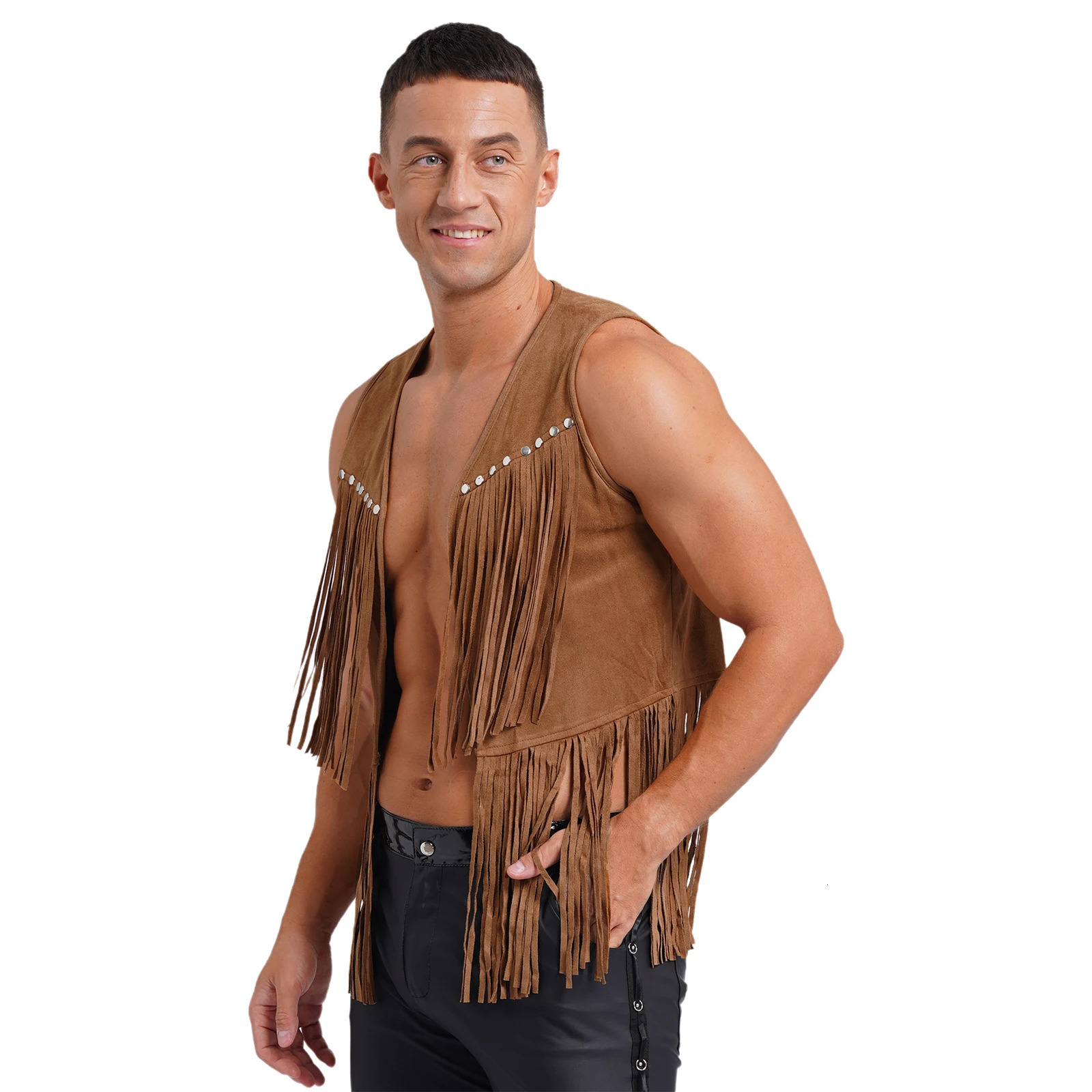 Mens Western Cowboy Vintage Faux Suede Tassel Vest Tops Open Front Rivets Fringe Waistcoat Jacket Festival Rave Party Clubwear 250805